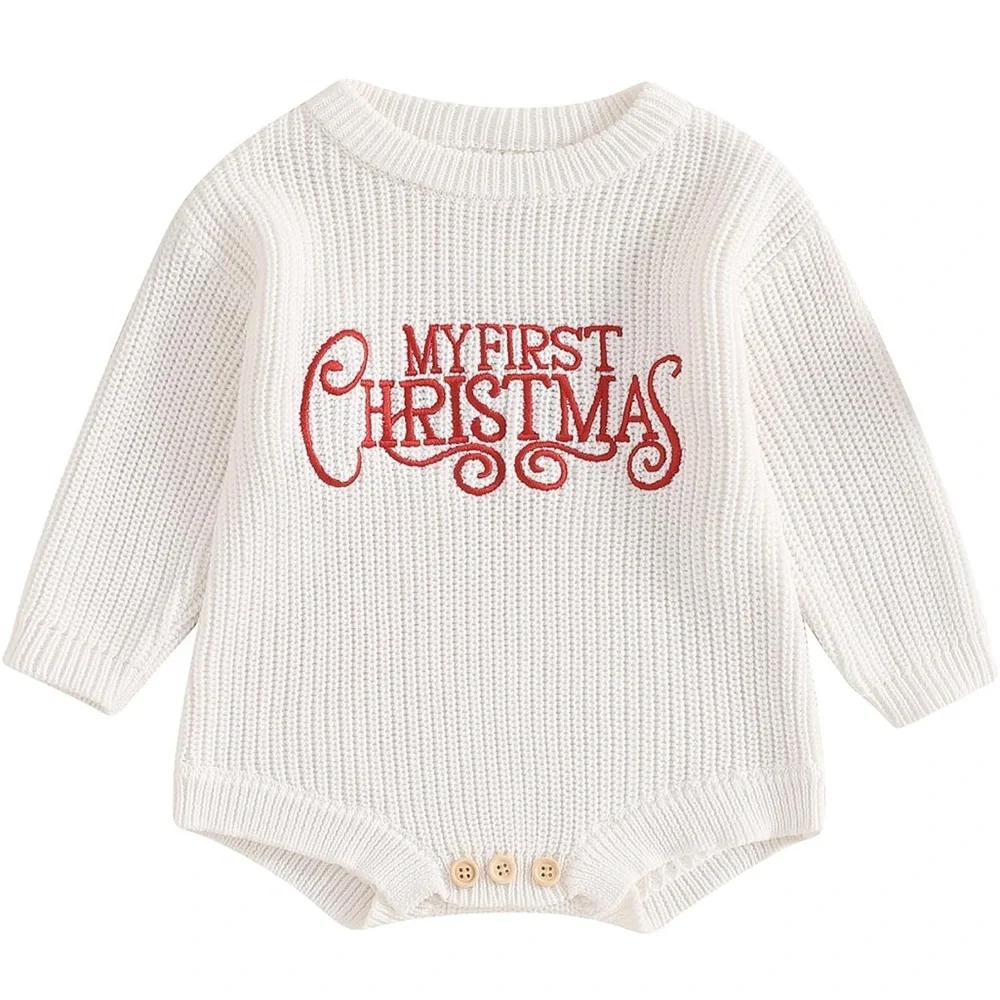 My First Christmas Baby Christmas Sweater Bubble Romper Embroidered Knitted 3-6